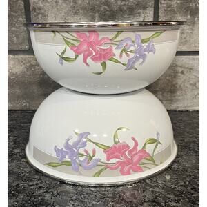 2 Vintage GMI Iris Floral Enamel Metal Nesting Mixing Bowls No Lids